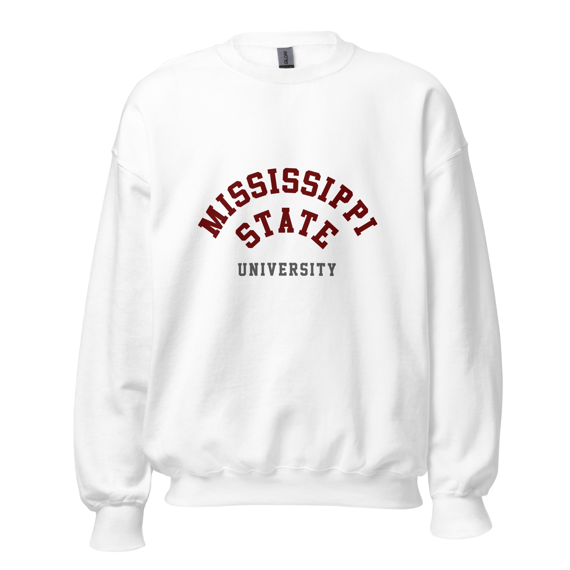 Unisex heather gray sweatshirt featuring Mississippi State University logo printed across the front chest