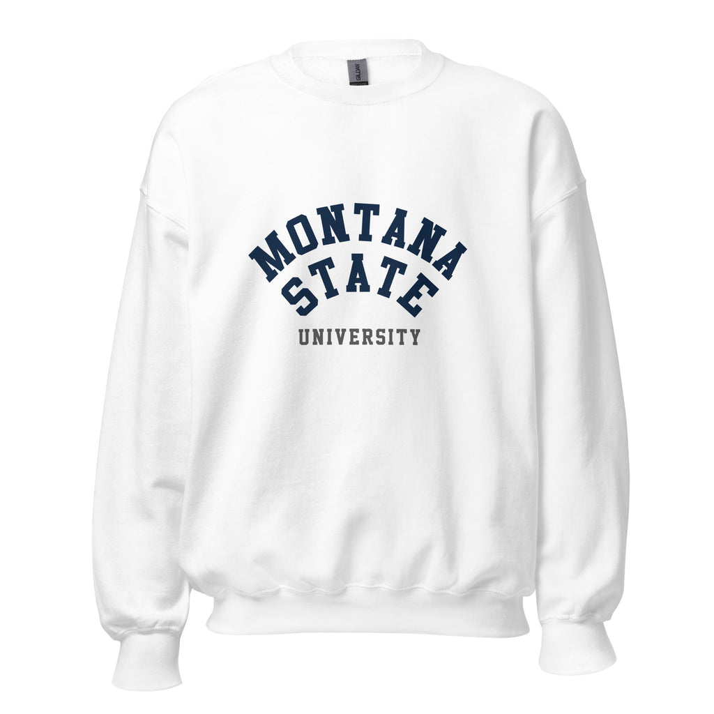 Unisex heather gray sweatshirt featuring Montana State University logo printed across the front chest