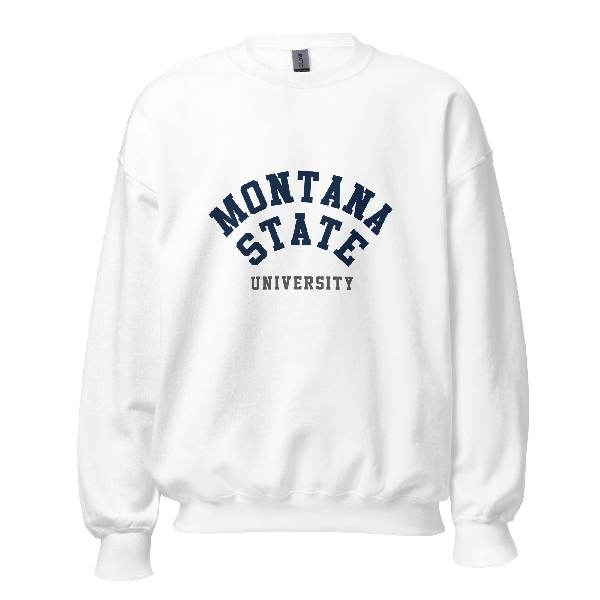 Unisex heather gray sweatshirt featuring Montana State University logo printed across the front chest