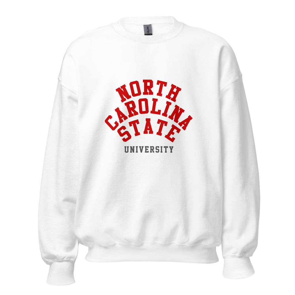 Unisex heather gray sweatshirt featuring North Carolina State University logo printed across the front chest