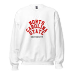 Unisex heather gray sweatshirt featuring North Carolina State University logo printed across the front chest