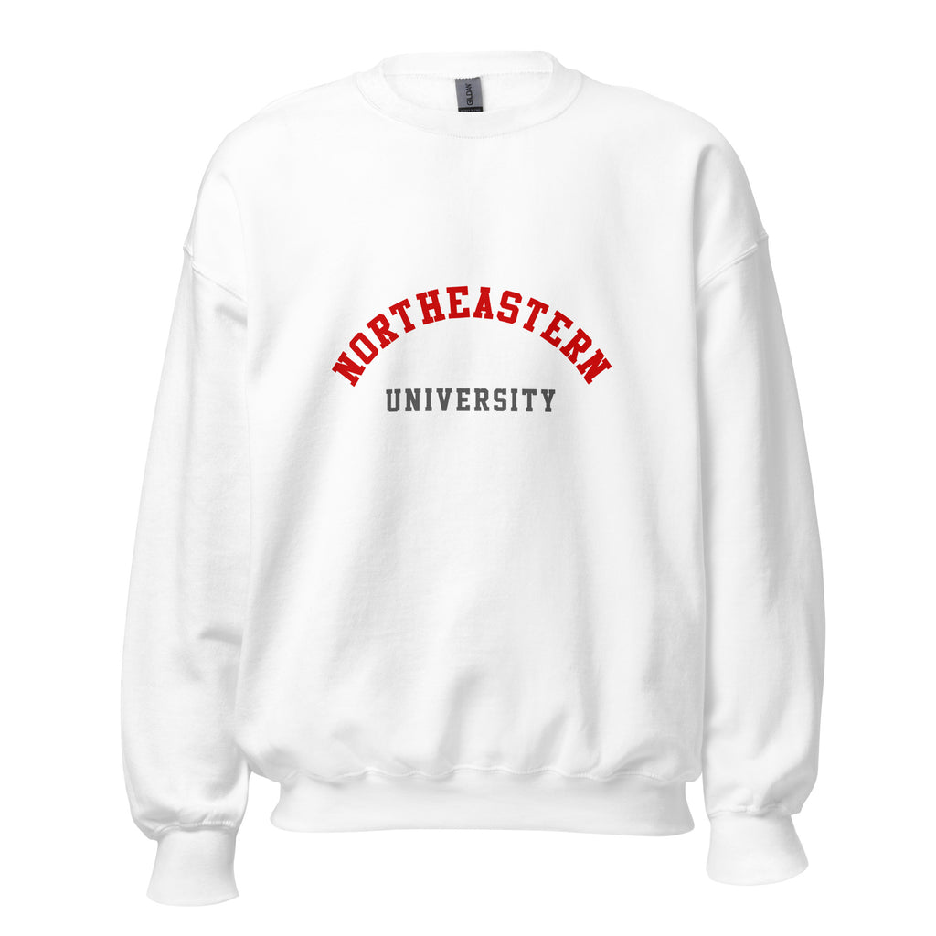Unisex heather gray sweatshirt featuring Northeastern University logo printed across the front chest