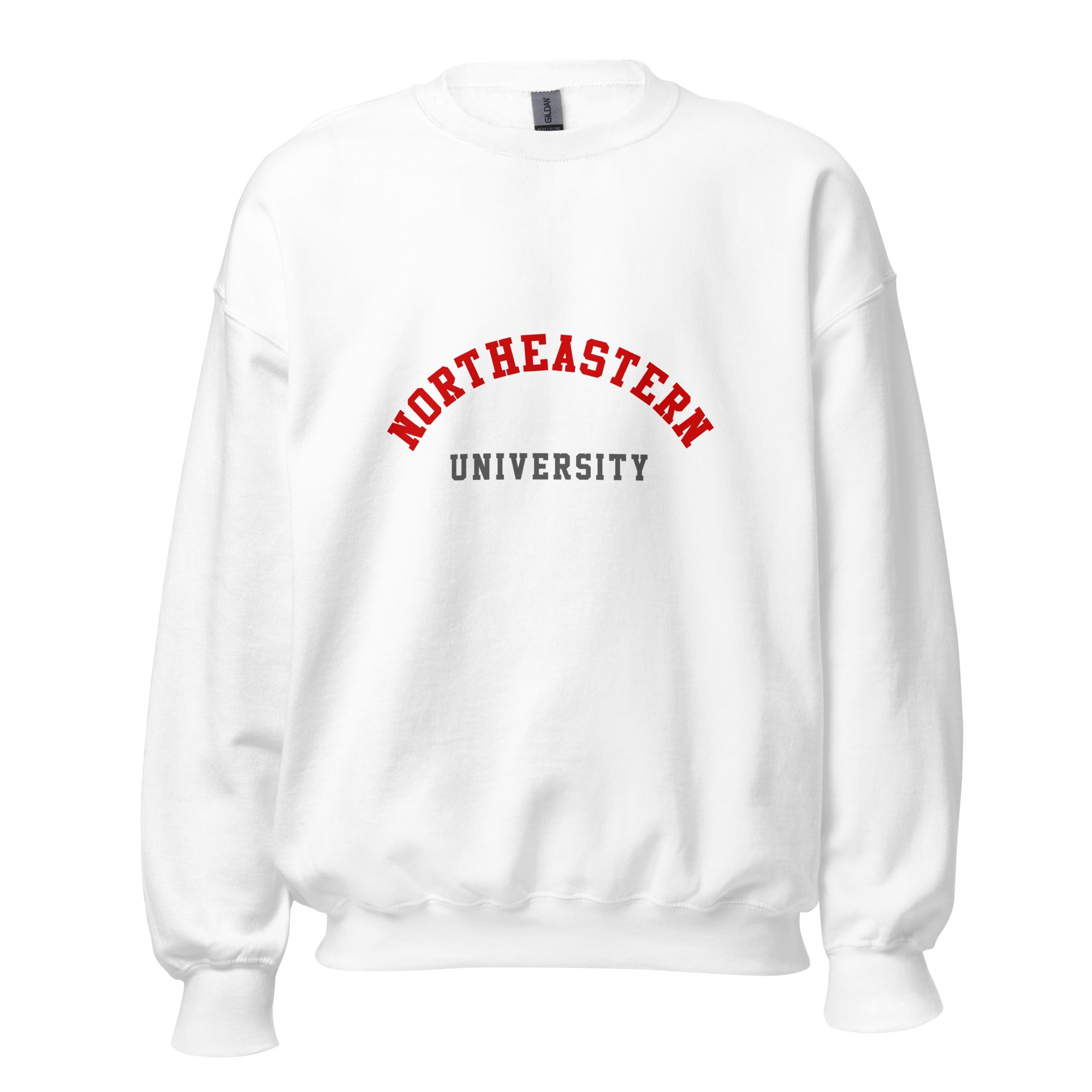 Unisex heather gray sweatshirt featuring Northeastern University logo printed across the front chest