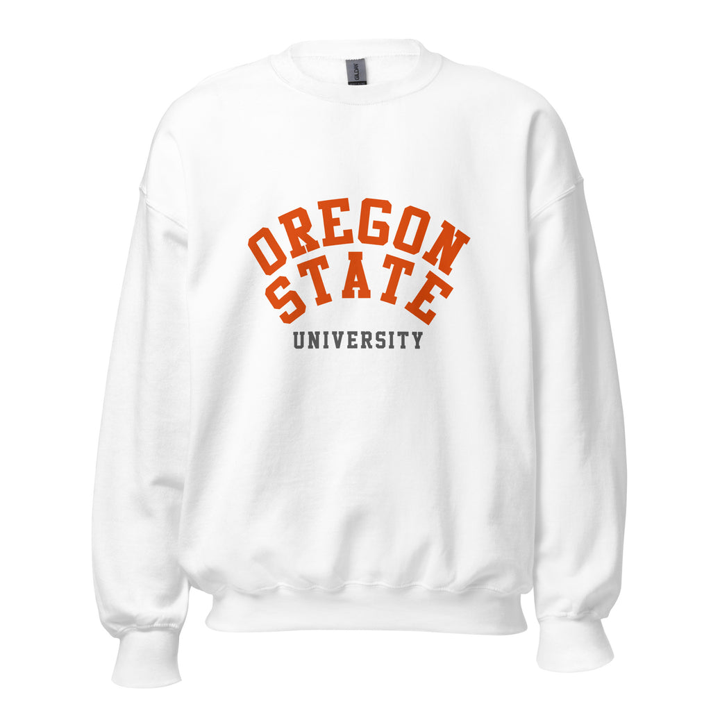Unisex heather gray sweatshirt featuring Oregon State University logo printed across the front chest