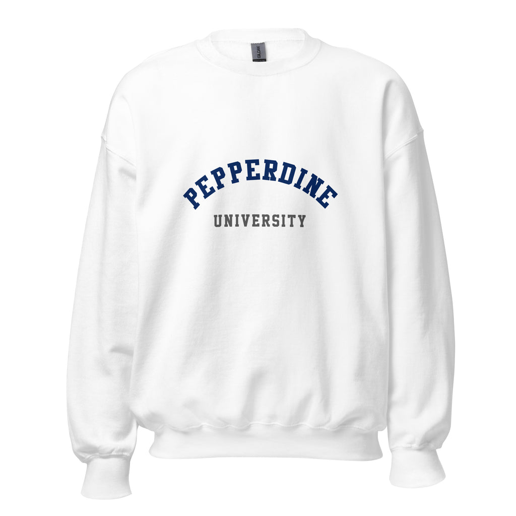 Unisex heather gray sweatshirt featuring Pepperdine University logo printed across the front chest