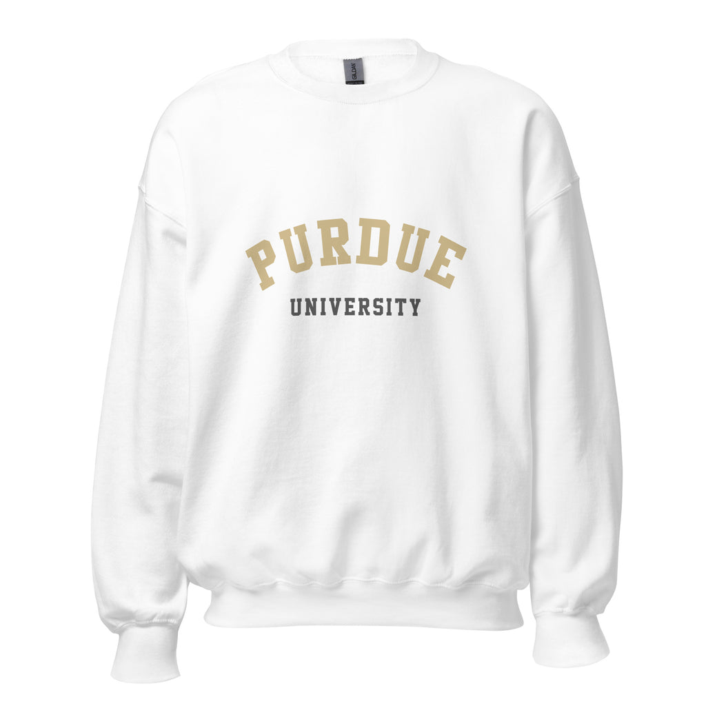 Unisex black sweatshirt featuring Purdue University logo printed across the front chest