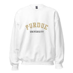 Unisex black sweatshirt featuring Purdue University logo printed across the front chest