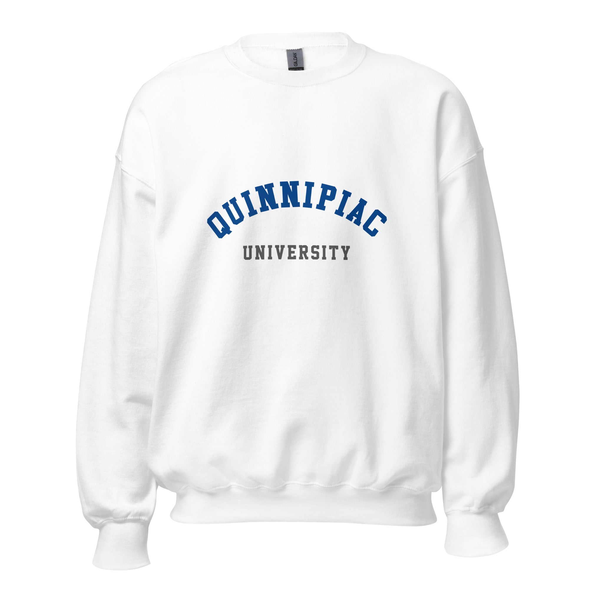 Unisex heather gray sweatshirt featuring Quinnipiac University logo printed across the front chest