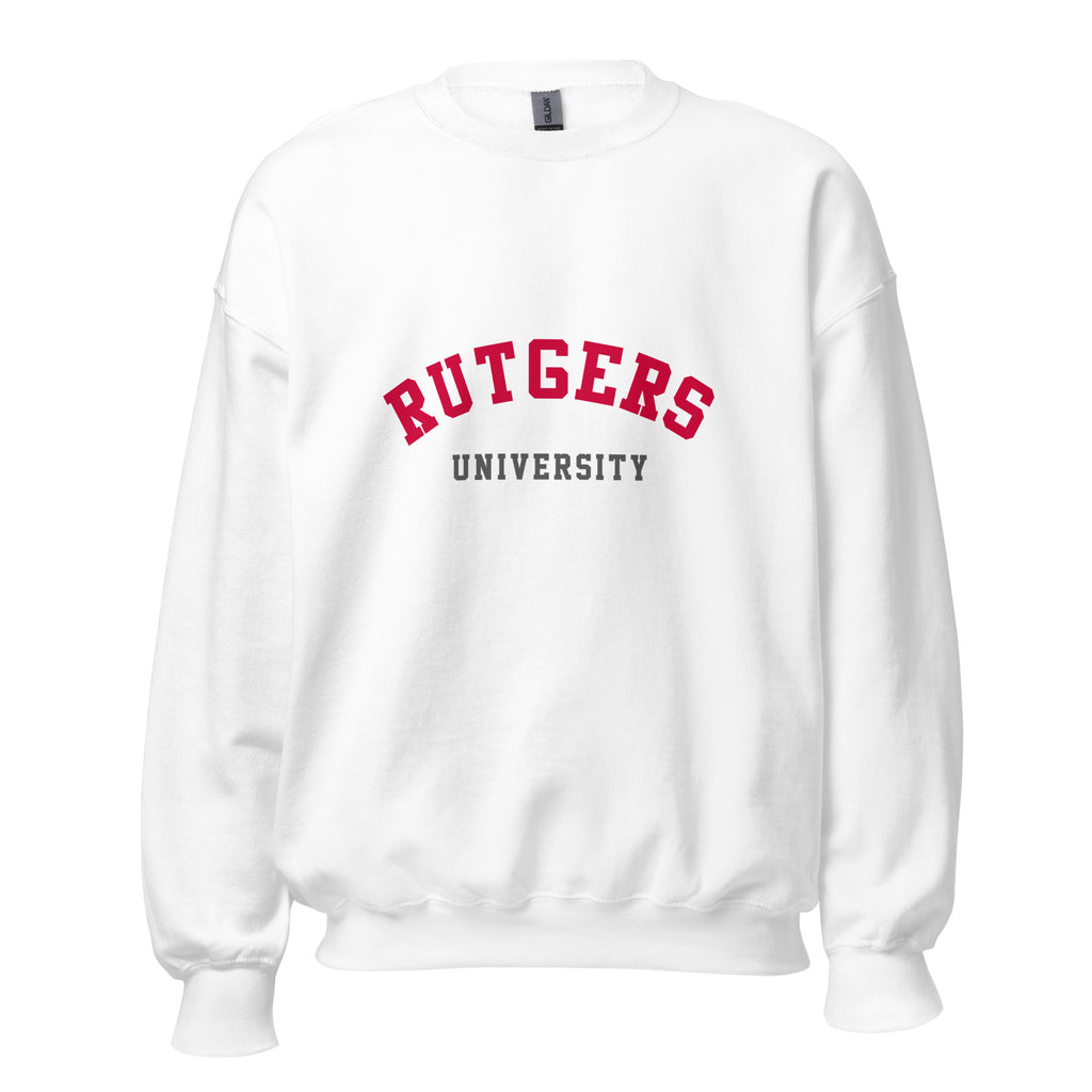 Unisex heather gray sweatshirt featuring Rutgers University logo printed across the front chest