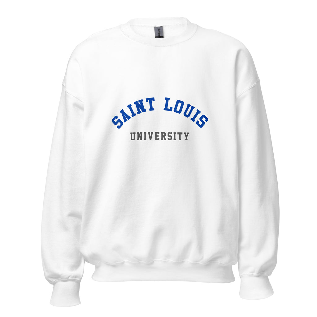 Unisex heather gray sweatshirt featuring Saint Louis University logo printed across the front chest