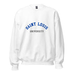 Unisex heather gray sweatshirt featuring Saint Louis University logo printed across the front chest