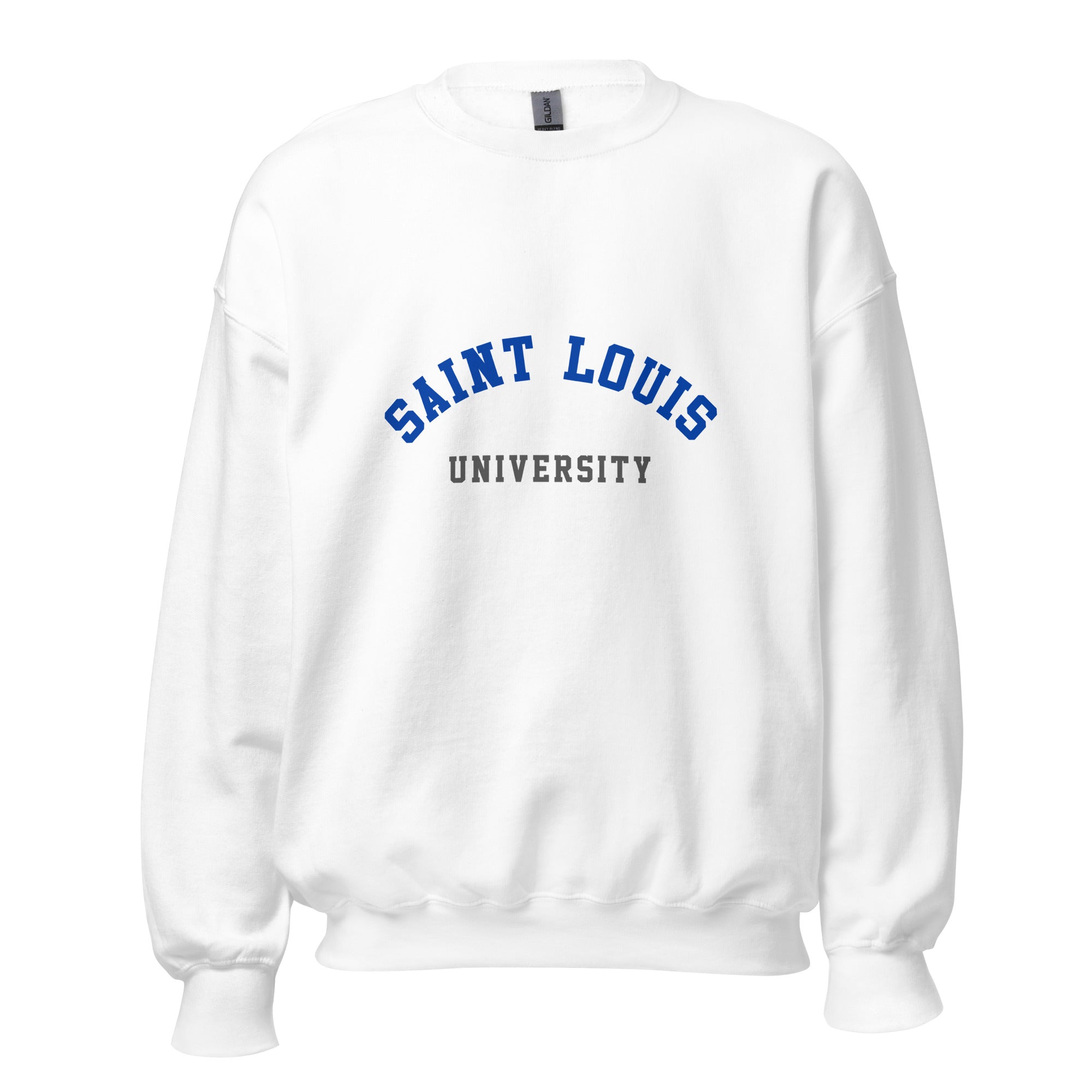 Unisex heather gray sweatshirt featuring Saint Louis University logo printed across the front chest
