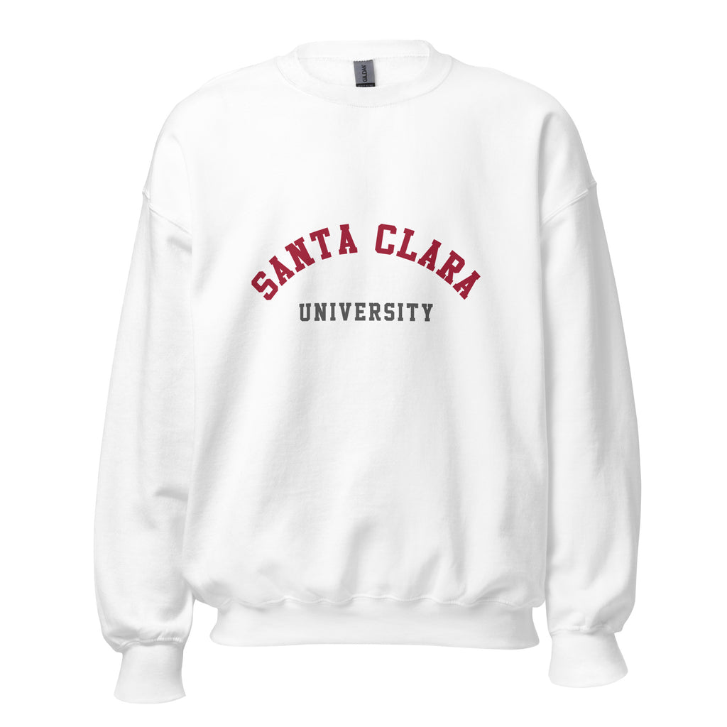 Unisex heather gray sweatshirt featuring Santa Clara University logo printed across the front chest