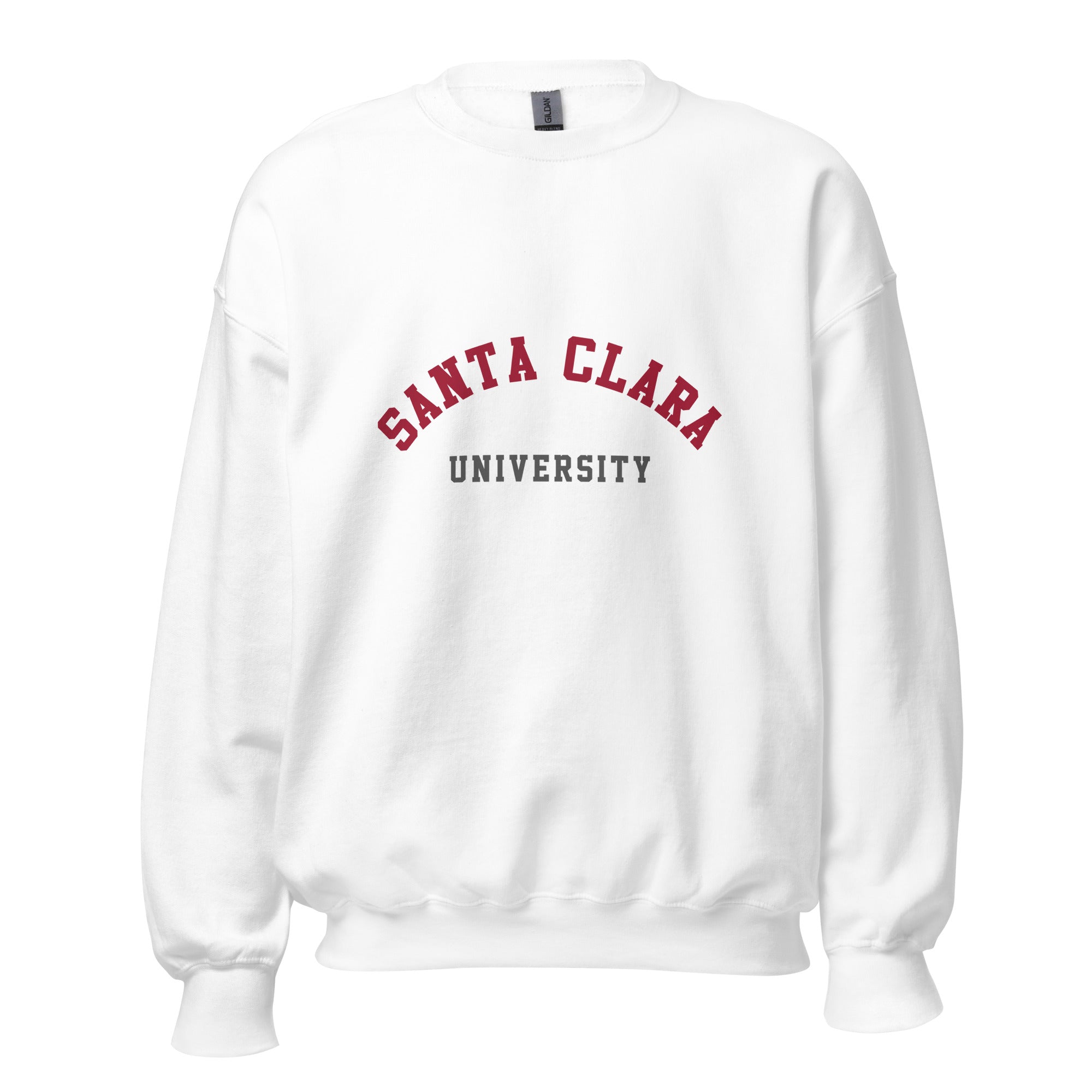 Unisex heather gray sweatshirt featuring Santa Clara University logo printed across the front chest