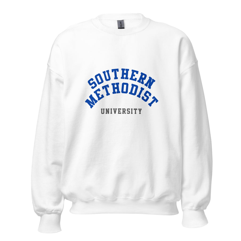 Unisex heather gray sweatshirt featuring Southern Methodist University logo printed across the front chest