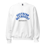 Unisex heather gray sweatshirt featuring Southern Methodist University logo printed across the front chest