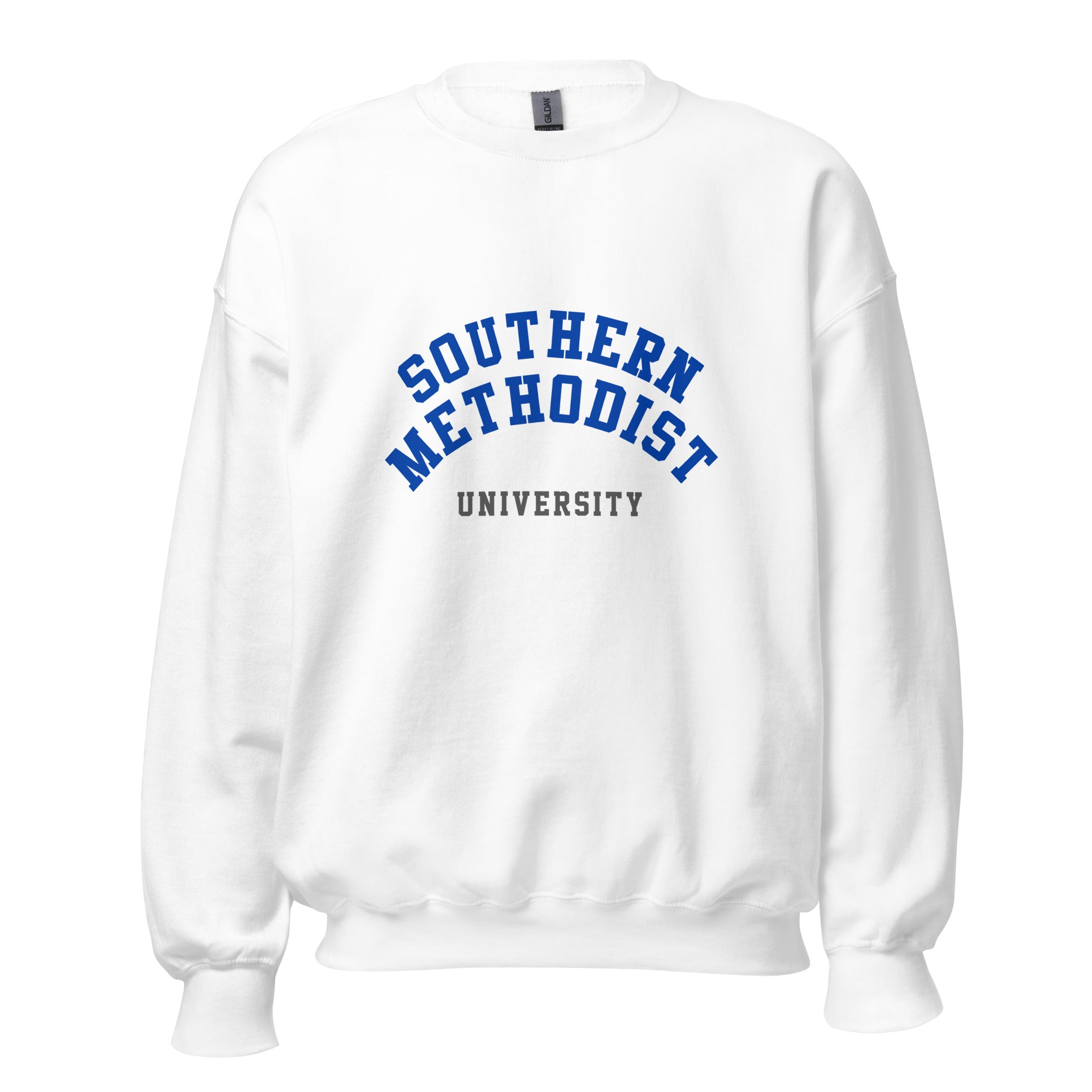 Unisex heather gray sweatshirt featuring Southern Methodist University logo printed across the front chest