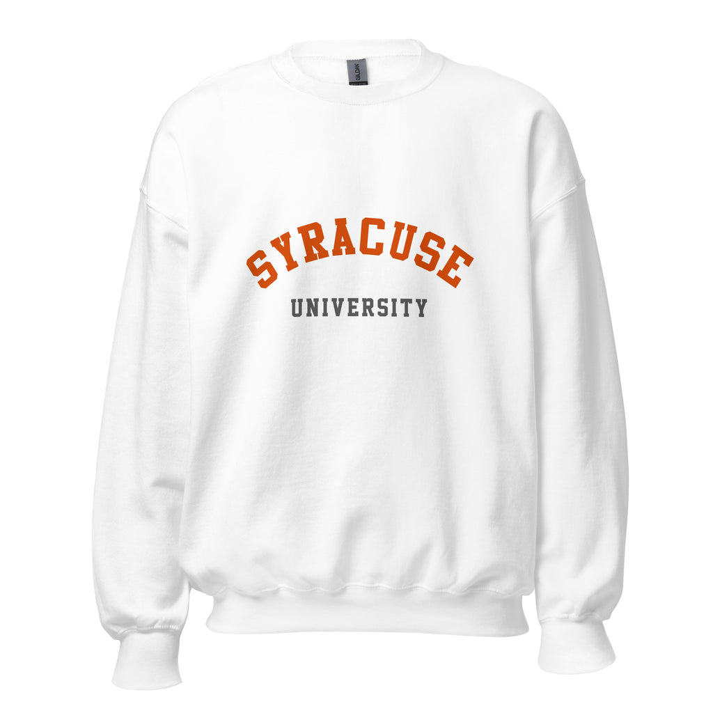 Unisex heather gray sweatshirt featuring Syracuse University logo printed across the front chest