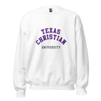 Unisex heather gray sweatshirt featuring Texas Christian University logo printed across the front chest