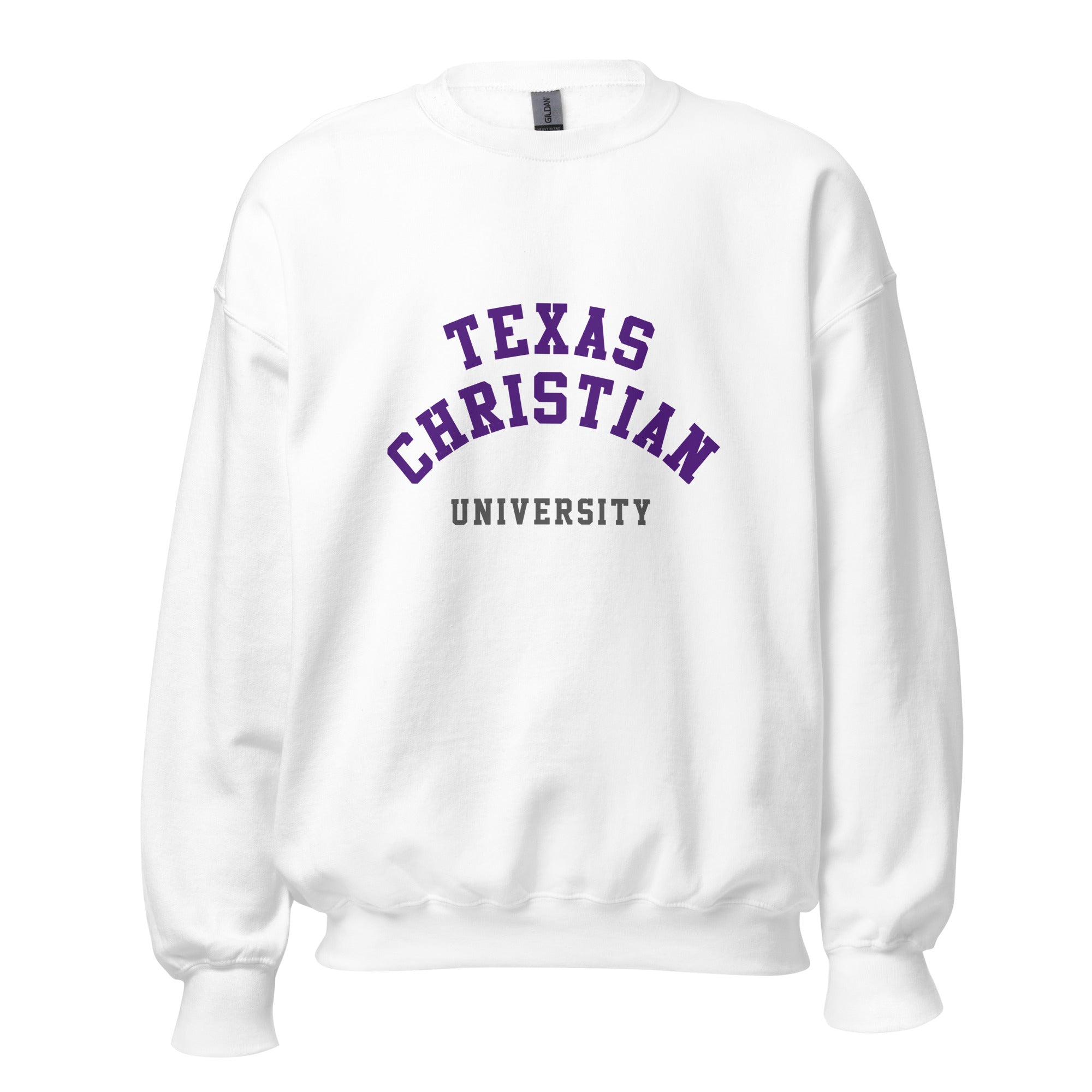 Unisex heather gray sweatshirt featuring Texas Christian University logo printed across the front chest