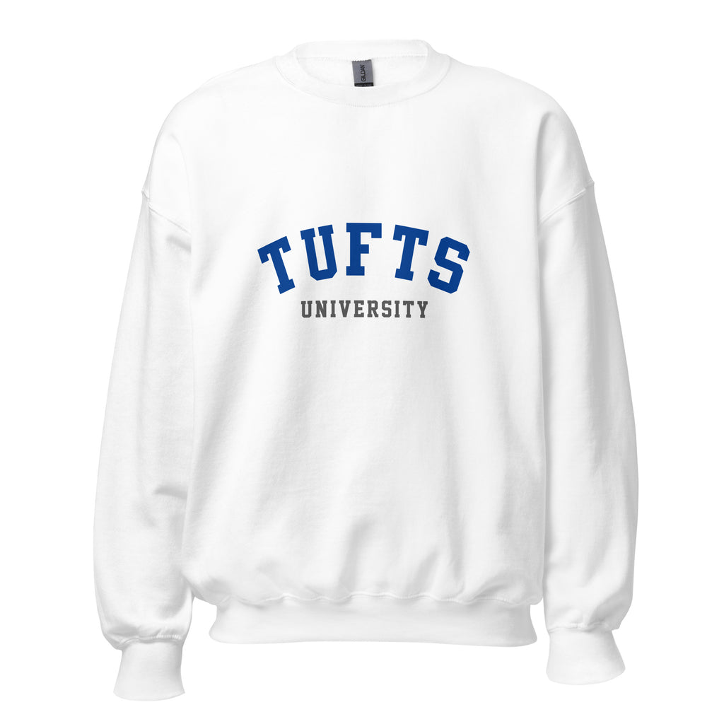 Unisex heather gray sweatshirt featuring Tufts University logo printed across the front chest