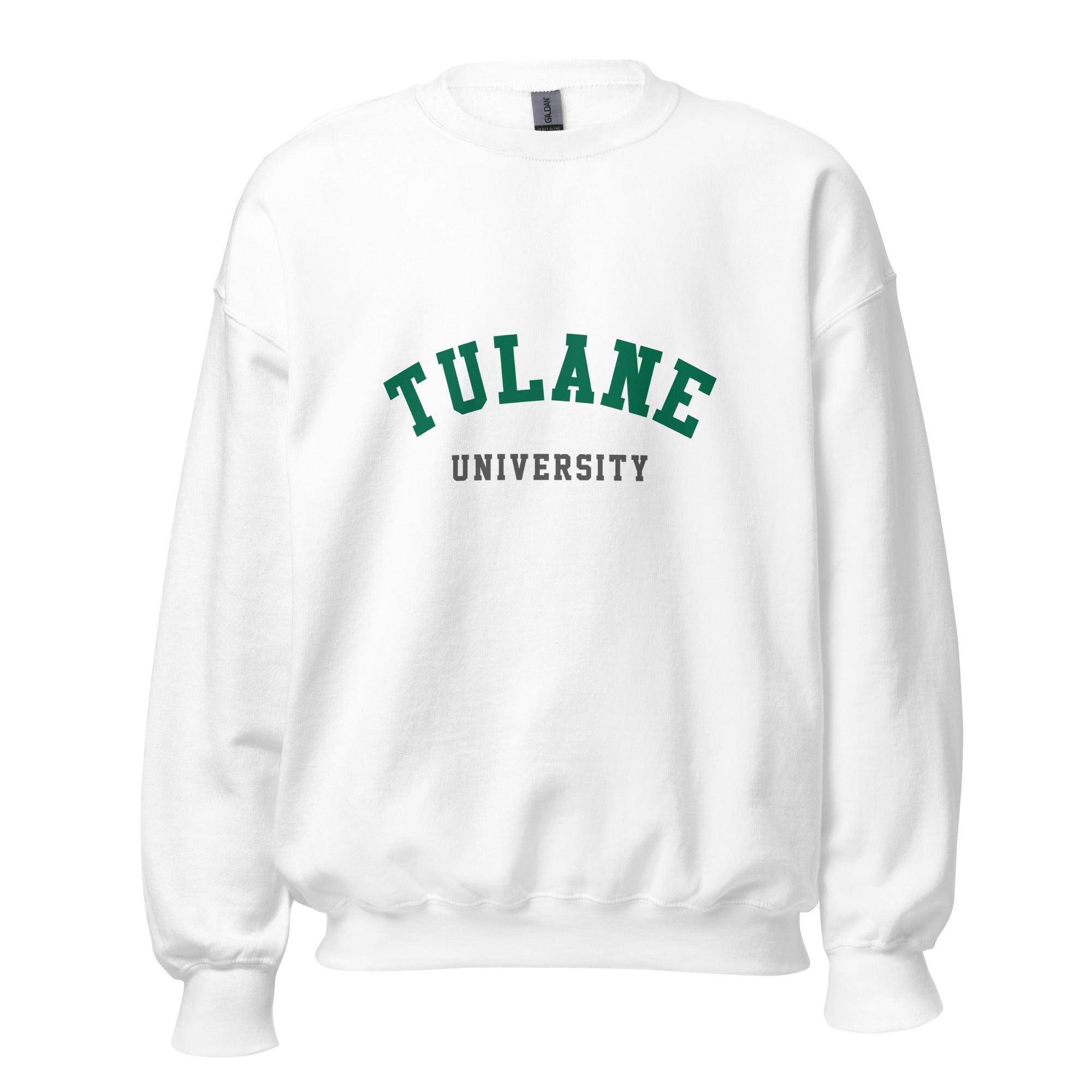 Unisex heather gray sweatshirt featuring Tulane University logo printed across the front chest