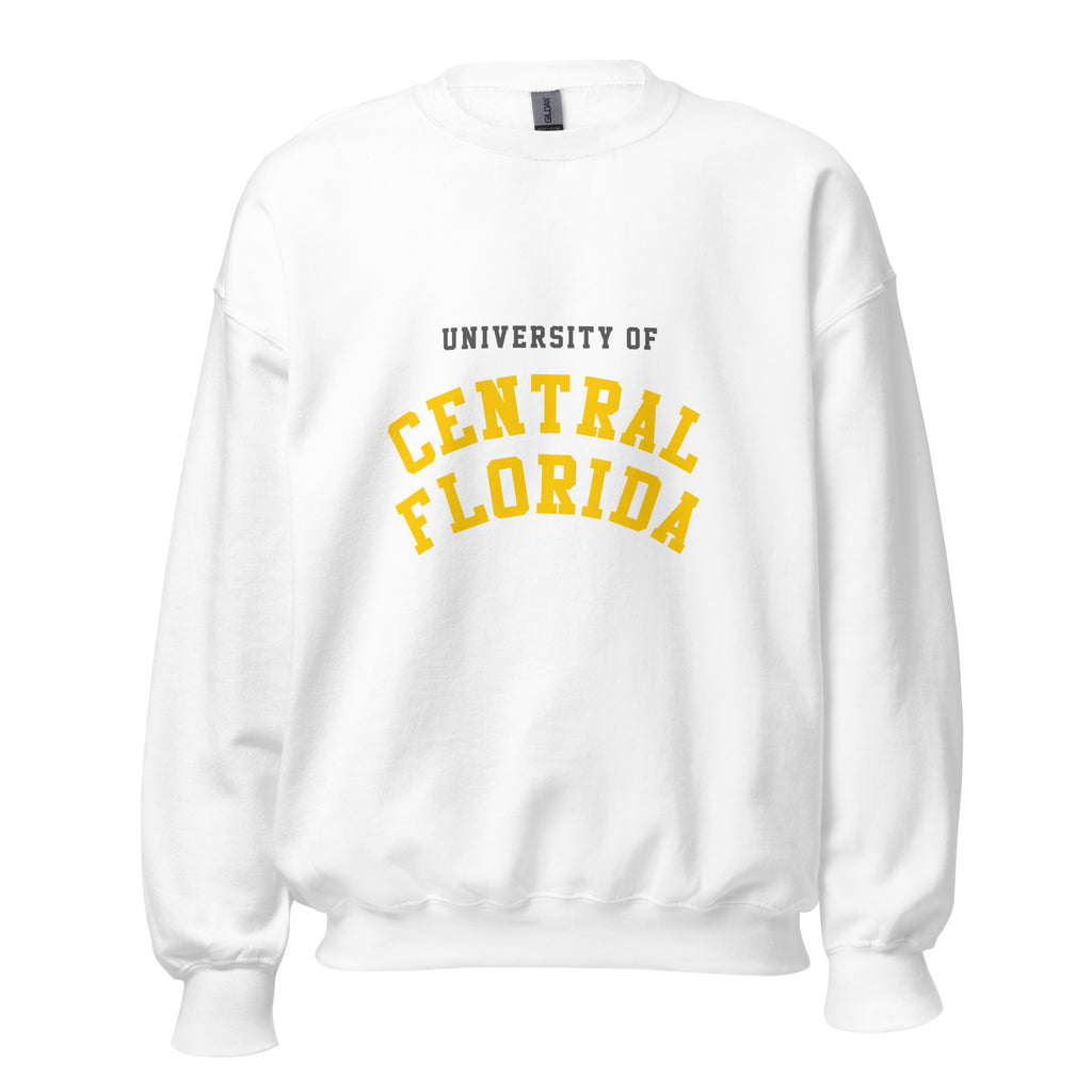 Unisex black sweatshirt featuring University of Central Florida logo printed across the front chest