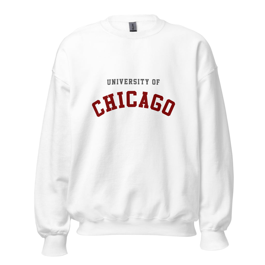 Unisex heather gray sweatshirt featuring University of Chicago logo printed across the front chest