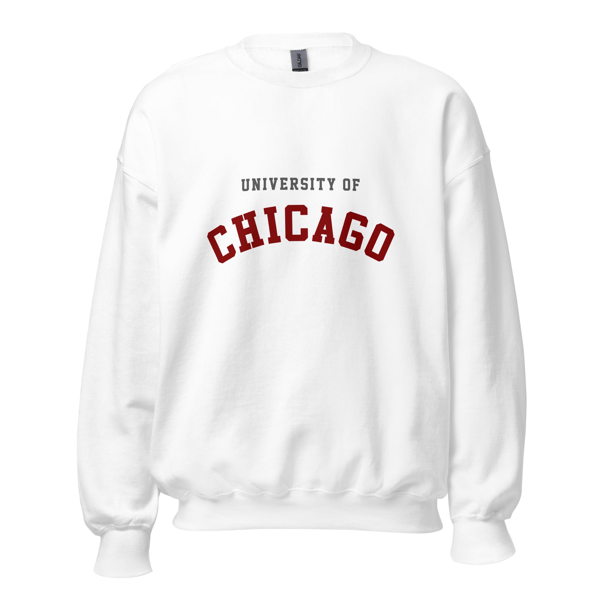 Unisex heather gray sweatshirt featuring University of Chicago logo printed across the front chest