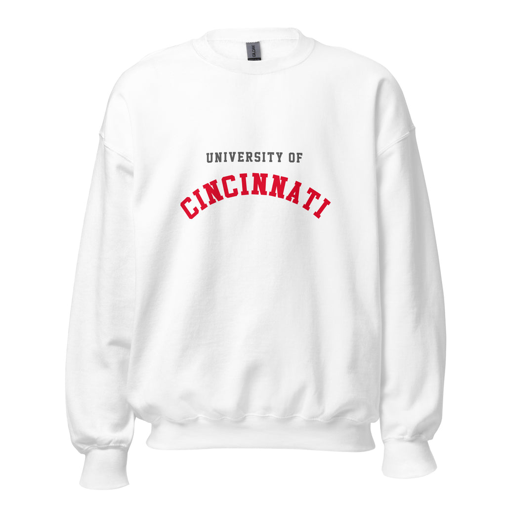 Unisex heather gray sweatshirt featuring University of Cincinnati logo printed across the front chest