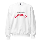 Unisex heather gray sweatshirt featuring University of Cincinnati logo printed across the front chest