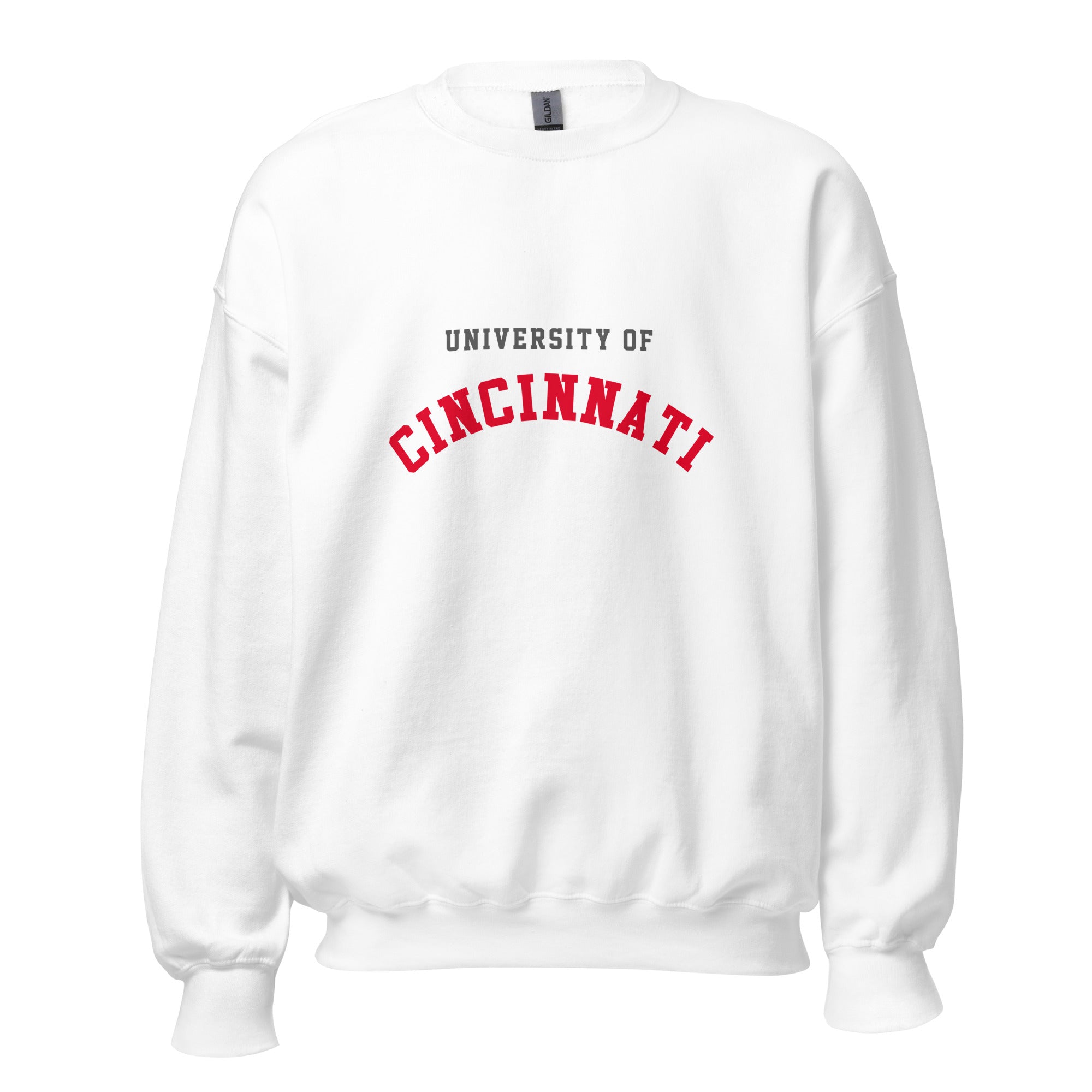 Unisex heather gray sweatshirt featuring University of Cincinnati logo printed across the front chest