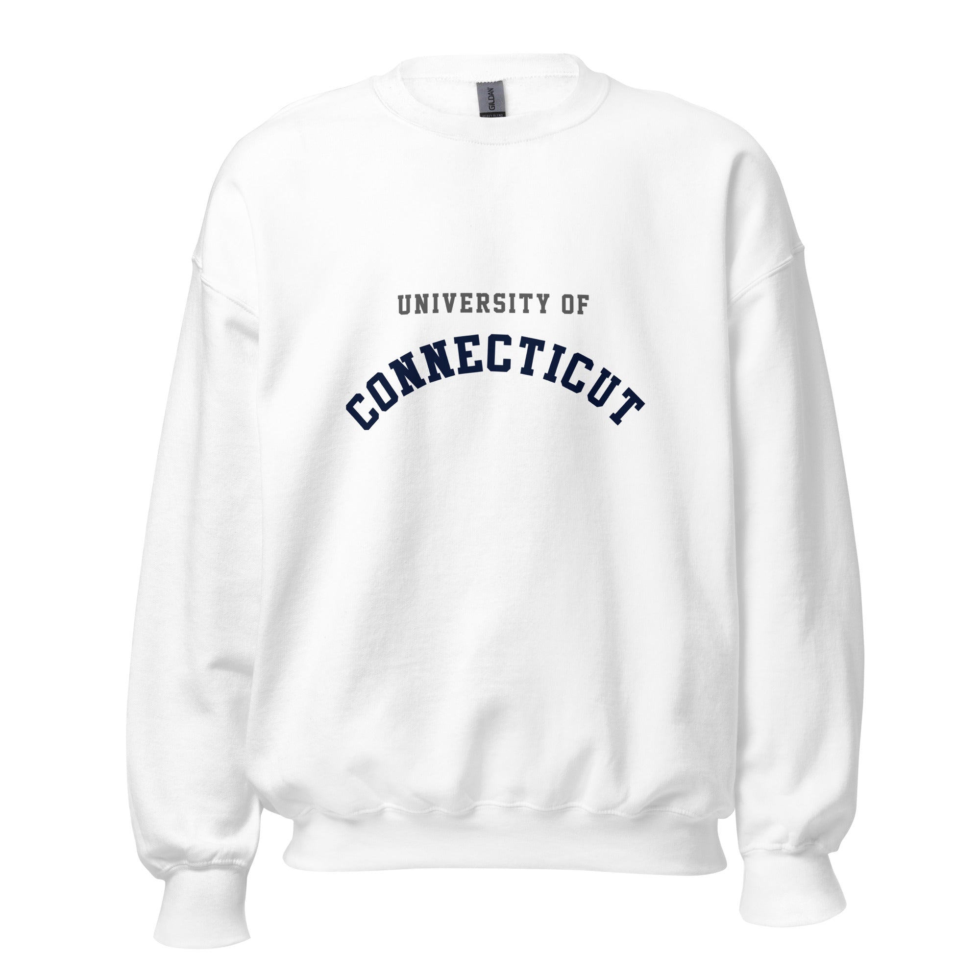Unisex heather gray sweatshirt featuring University of Connecticut logo printed across the front chest