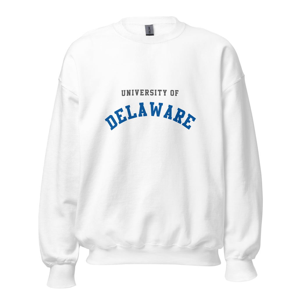 Unisex heather gray sweatshirt featuring University of Delaware logo printed across the front chest