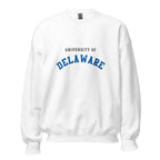 Unisex heather gray sweatshirt featuring University of Delaware logo printed across the front chest
