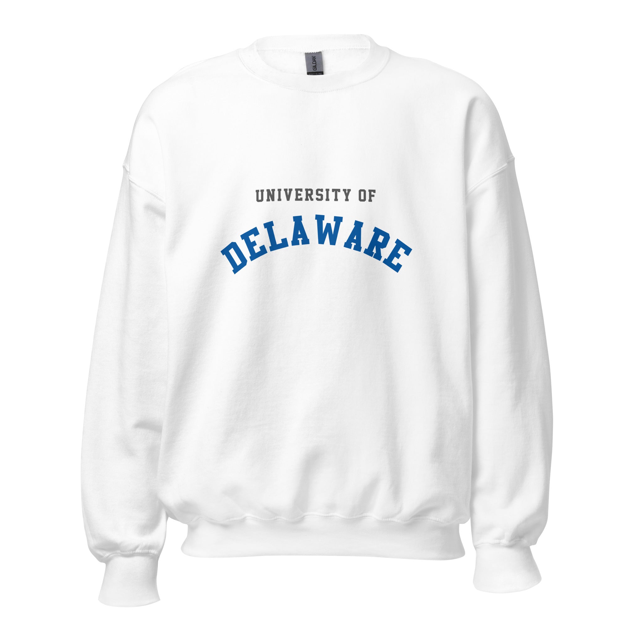 Unisex heather gray sweatshirt featuring University of Delaware logo printed across the front chest