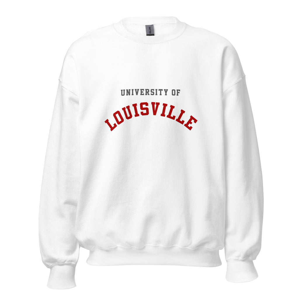 Unisex heather gray sweatshirt featuring University of Louisville logo printed across the front chest
