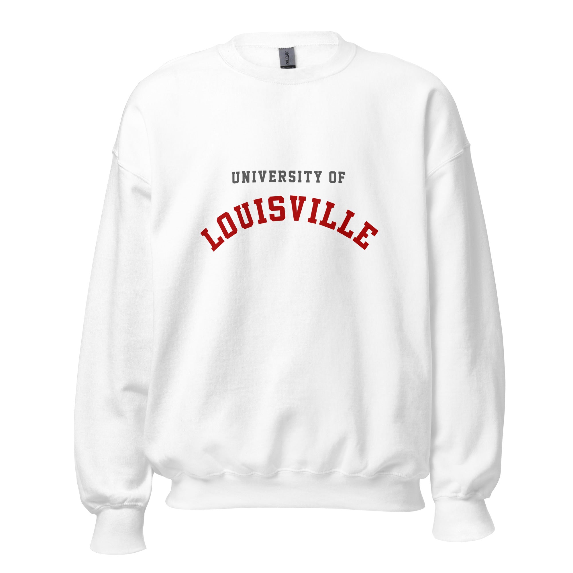 Unisex heather gray sweatshirt featuring University of Louisville logo printed across the front chest