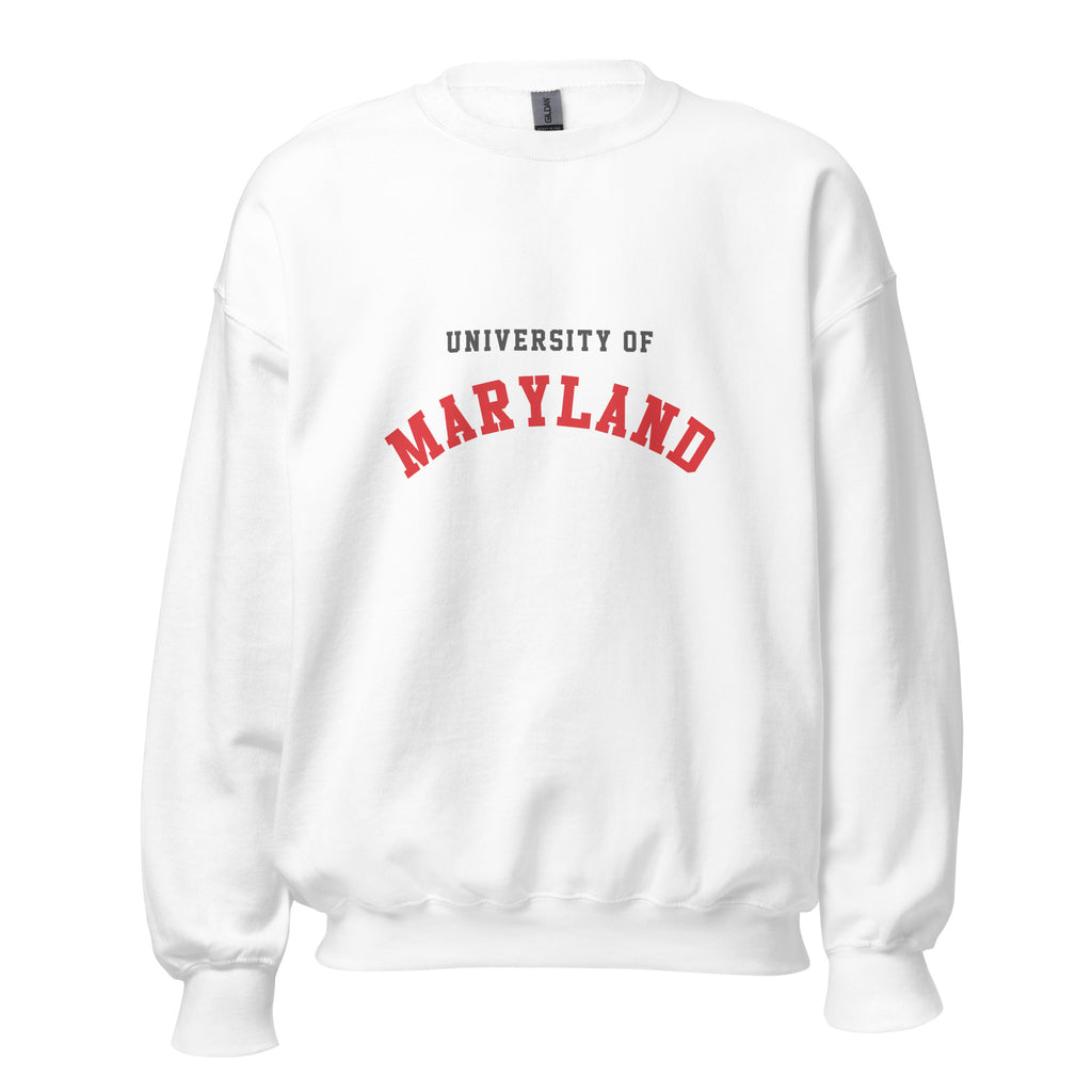 Unisex heather gray sweatshirt featuring University of Maryland logo printed across the front chest