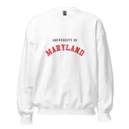 Unisex heather gray sweatshirt featuring University of Maryland logo printed across the front chest
