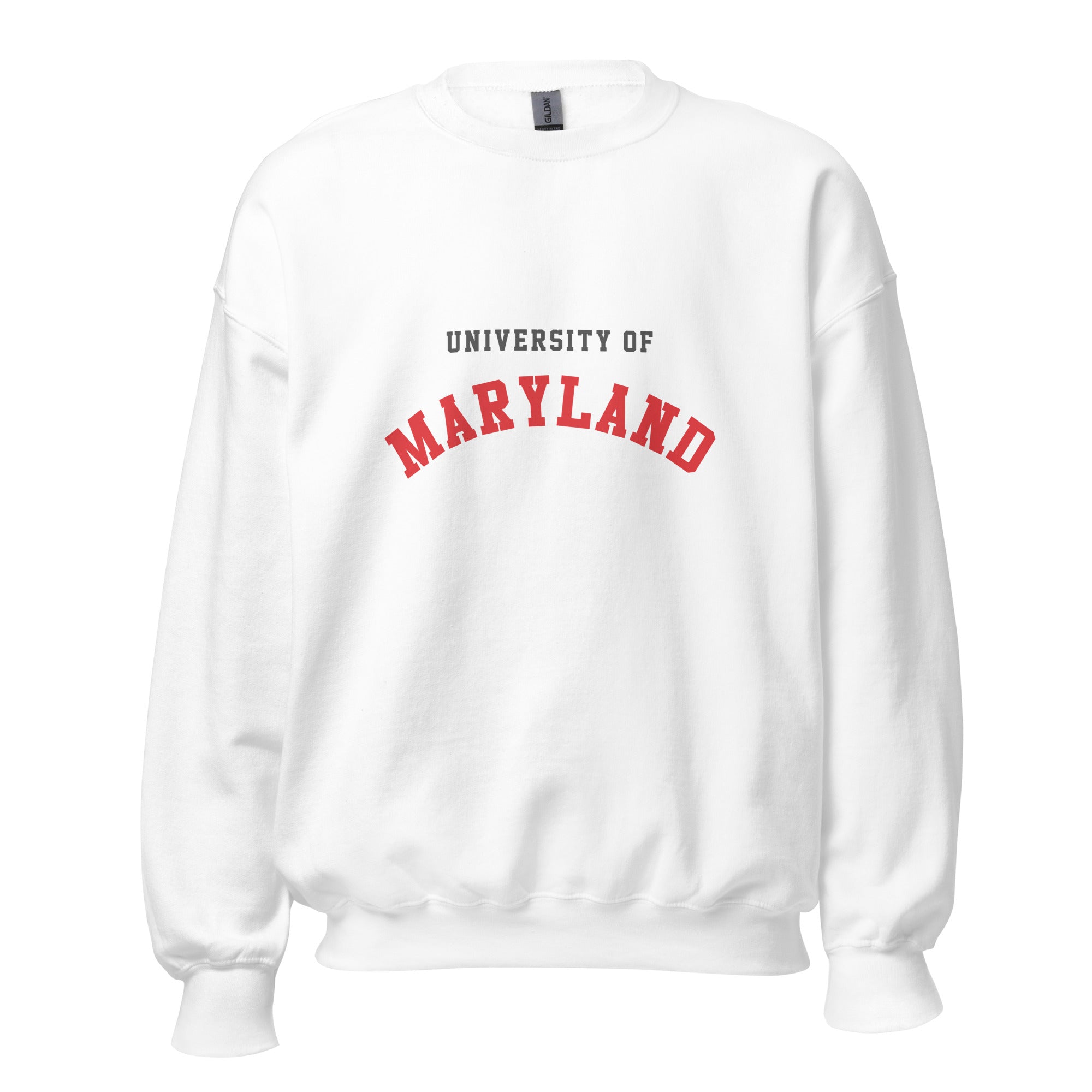 Unisex heather gray sweatshirt featuring University of Maryland logo printed across the front chest