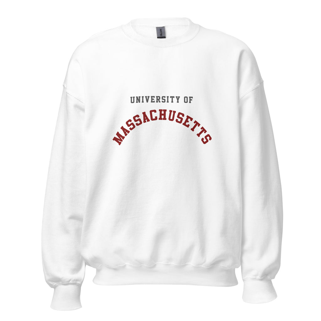 Unisex heather gray sweatshirt featuring University of Massachusetts logo printed across the front chest