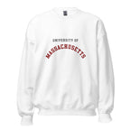 Unisex heather gray sweatshirt featuring University of Massachusetts logo printed across the front chest