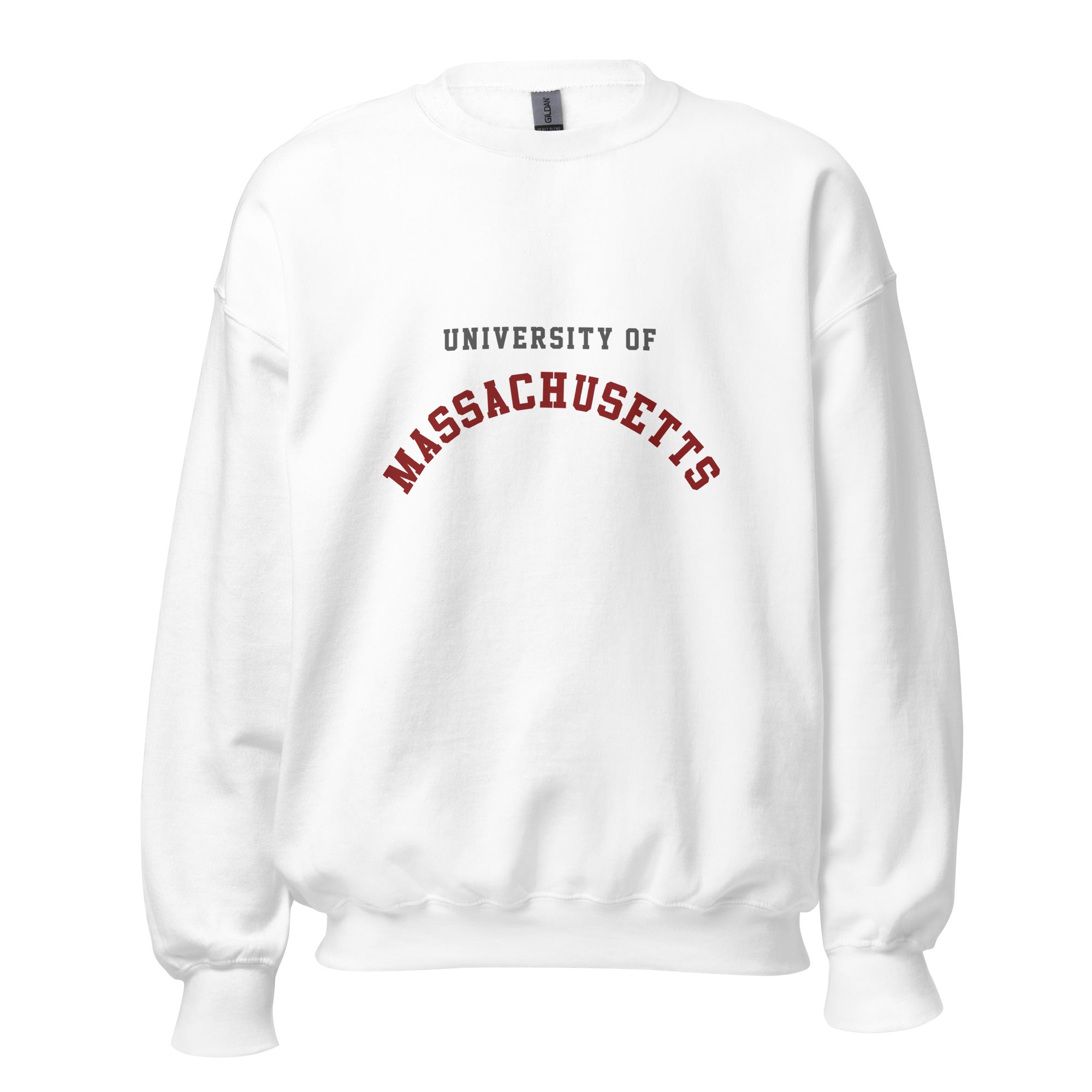 Unisex heather gray sweatshirt featuring University of Massachusetts logo printed across the front chest