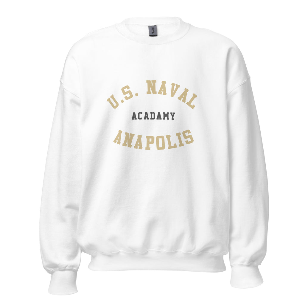 Unisex black sweatshirt featuring US Naval Academy at Annapolis logo printed across the front chest