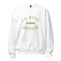 Unisex black sweatshirt featuring US Naval Academy at Annapolis logo printed across the front chest