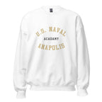 Unisex black sweatshirt featuring US Naval Academy at Annapolis logo printed across the front chest