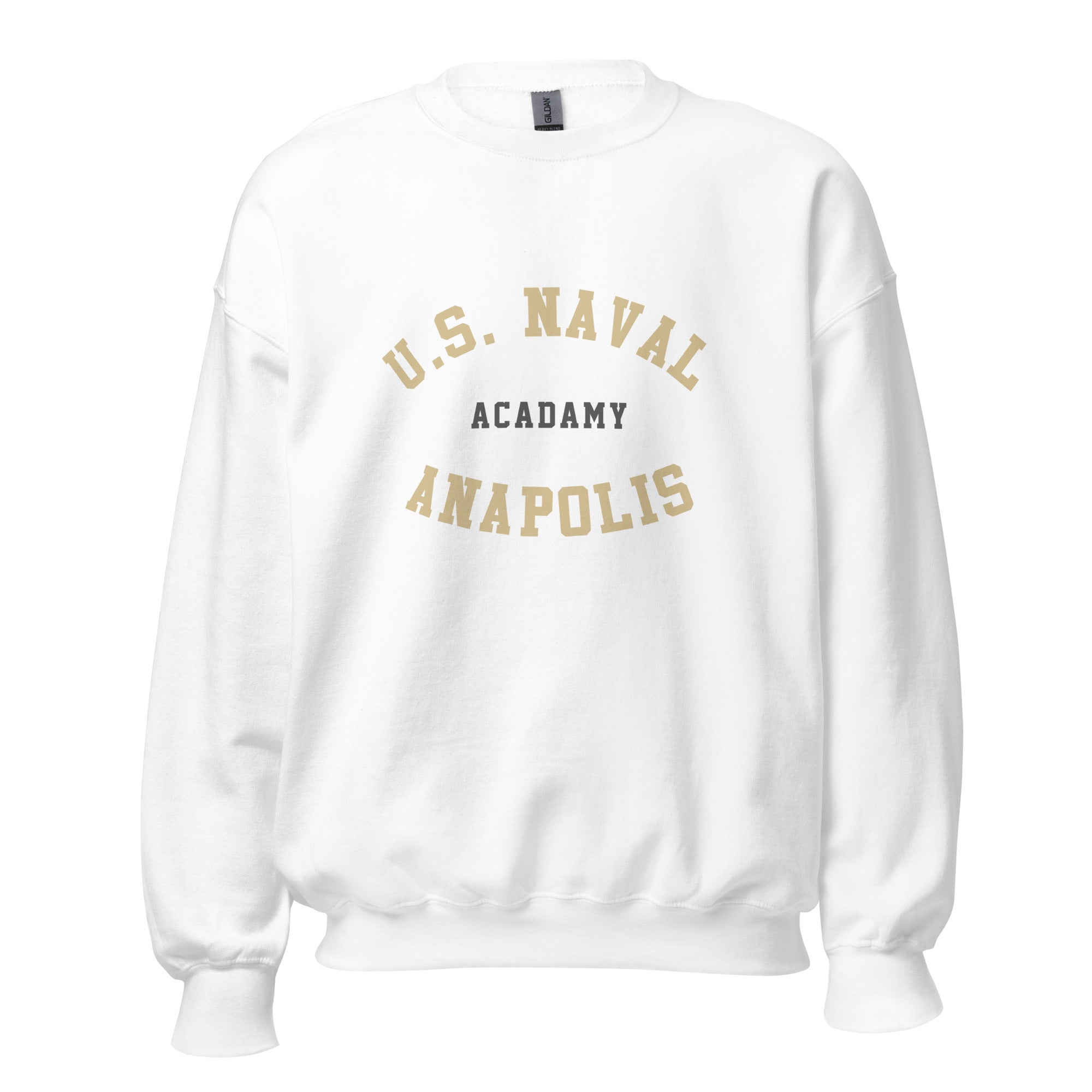 Unisex black sweatshirt featuring US Naval Academy at Annapolis logo printed across the front chest