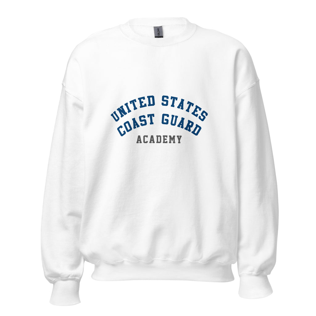 Unisex heather gray sweatshirt featuring US Coast Guard Academy logo printed across the front chest