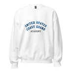 Unisex heather gray sweatshirt featuring US Coast Guard Academy logo printed across the front chest